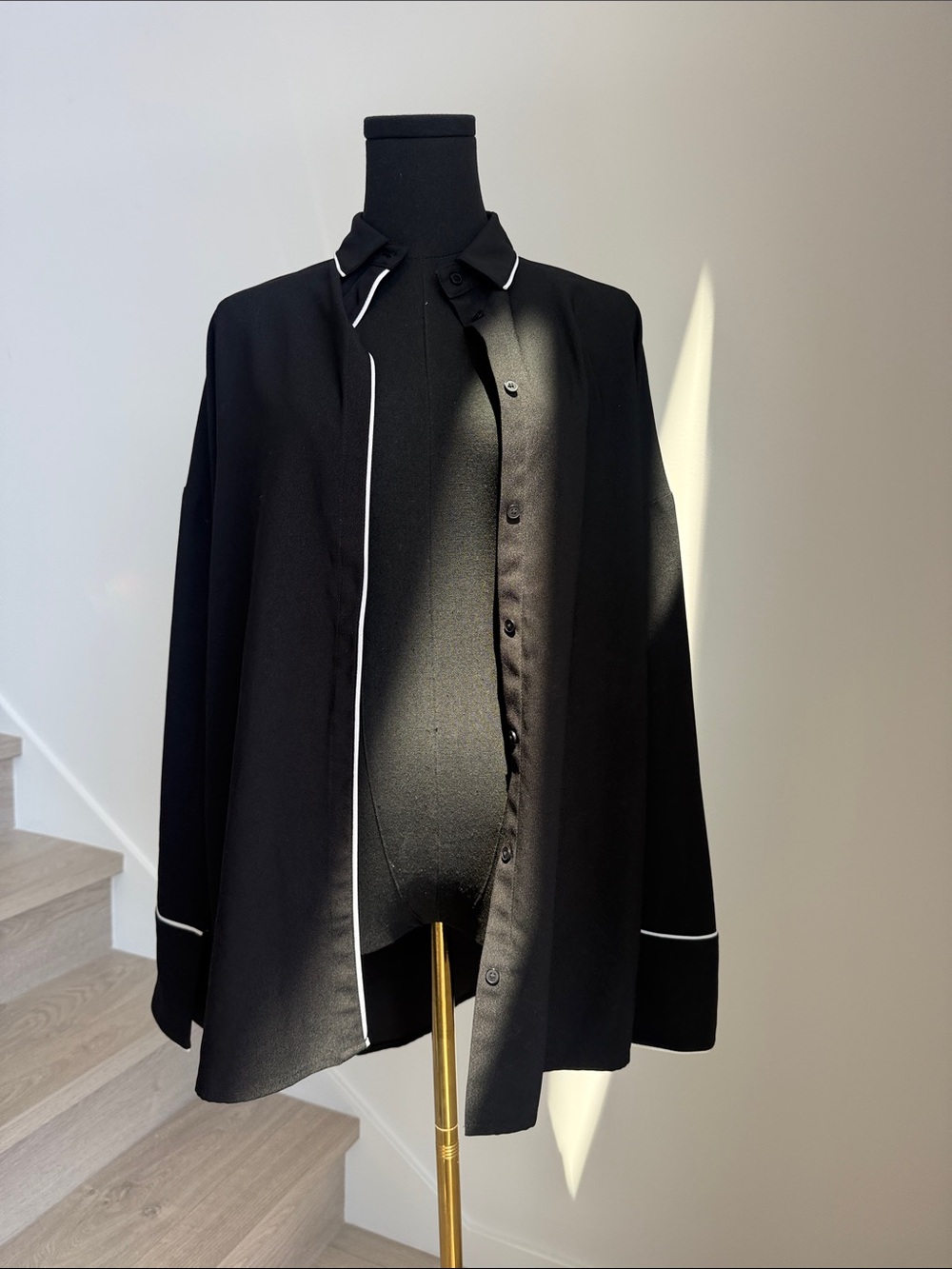 OAK + FORT Black Button-Up Shirt with White Piping